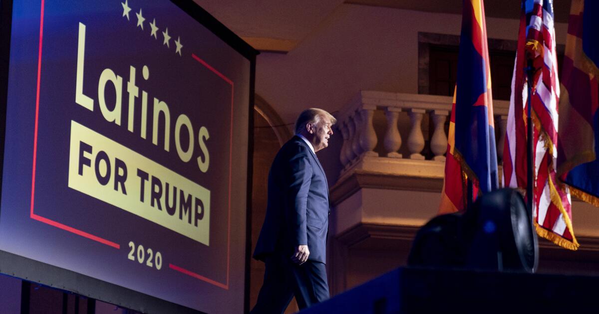 FILE - In this Sept. 14, 2020 file photo, President Donald Trump arrives for a Latinos for Trump Coalition roundtable at Arizona Grand Resort & Spa in Phoenix. President Donald Trump is putting up a fight for Latino voters in key swing states with Democratic candidate Joe Biden. Polls show Biden with a commanding overall lead with Hispanic voters, a diverse group that defies neat political categories. Still, about 3 in 10 registered Latino voters nationwide back Trump, roughly consistent with how Latinos voted in 2018 congressional elections and in 2016. Latino men, like men of other races, support Trump more than Hispanic women. (AP Photo/Andrew Harnik, File)