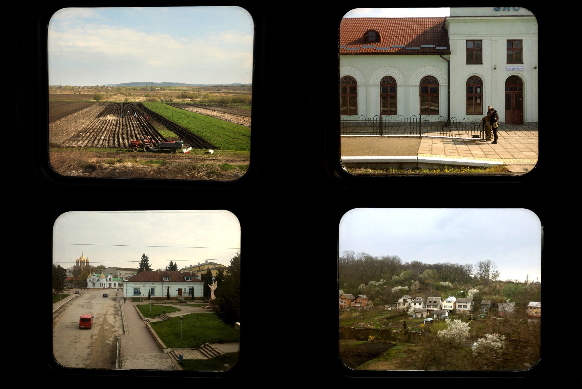 Four views from windows, clockwise from top left, of a field, a building, homes amid trees and buildings near a road 