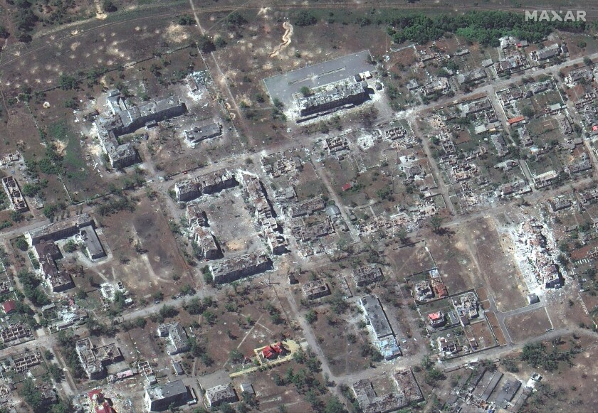 Aerial image of war-ravaged Ukrainian town