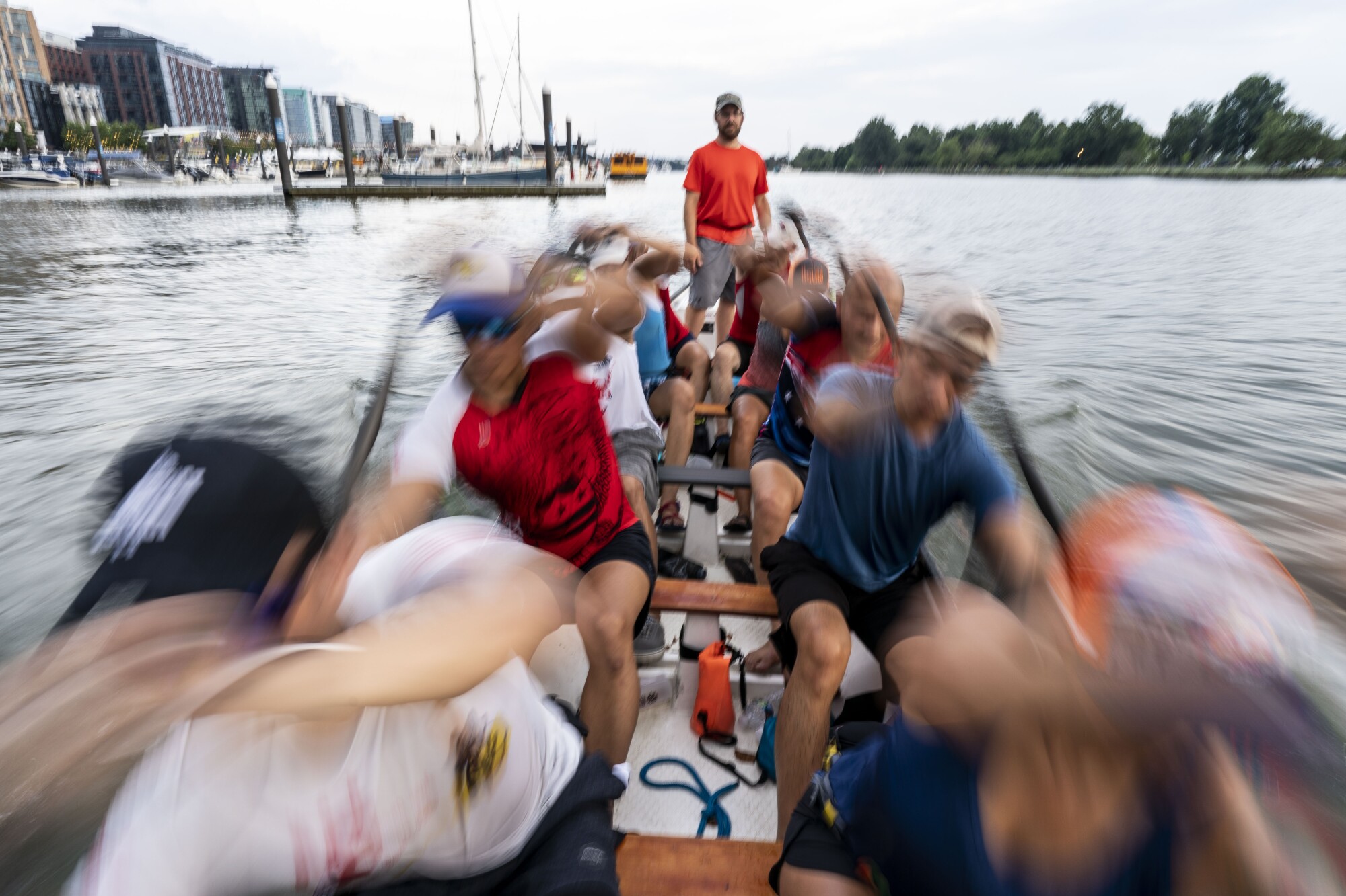 The DC Dragon Boat Club practices in the Washington Channel. 