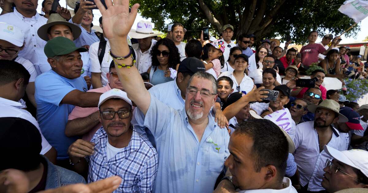 FILE - Bernardo Arevalo, the Seed Movement party presidential candidate, attends a campaign rally in Jutiapa, Guatemala, Aug. 5, 2023. Arevalo faces rival and former first lady Sandra Torres, the National Unity of Hope, UNE, presidential candidate, in the Sunday, Aug. 20 runoff election. (AP Photo/Moises Castillo, File)