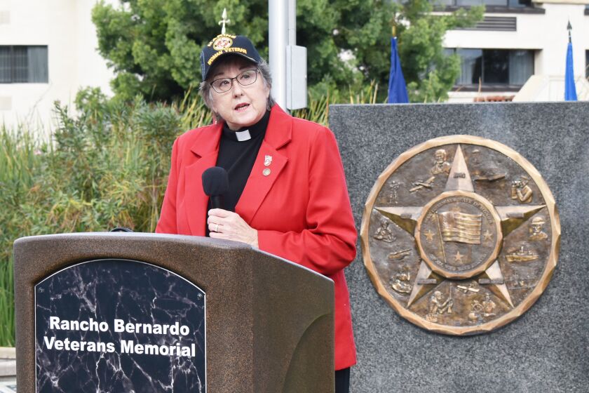 The Rev. Babs M. Meairs, a Marine Corps veteran, gave the invocation and benediction for the 2022 Rancho Bernardo Veterans Day ceremony.