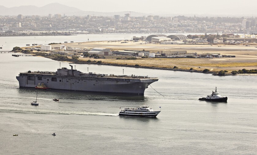 Bonhomme Richard towed by San Diego Bay trailer
