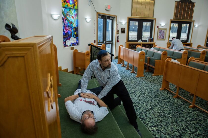 Poway, CA - May 15: Congregants of Chabad of Poway Synagogue participant in an on-hands training on how to save lives during an emergency from paramedics of Israel's national EMS organization at Chabad of Poway Synagogue in Poway, CA on Monday, May 15, 2023. (Adriana Heldiz / The San Diego Union-Tribune)