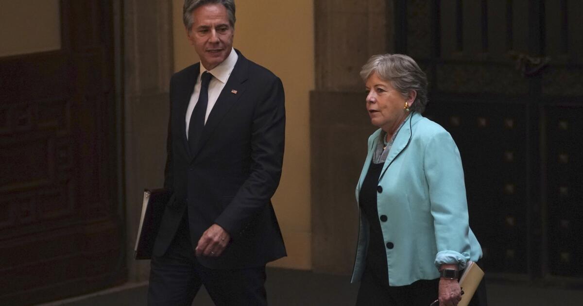 U.S. Secretary of State Antony Blinken, left, and Mexican Secretary of Foreign Affairs Alicia Bárcena walk together during a meeting on security, at the National Palace in Mexico City, Thursday, Oct. 5, 2023. (AP Photo/Marco Ugarte)