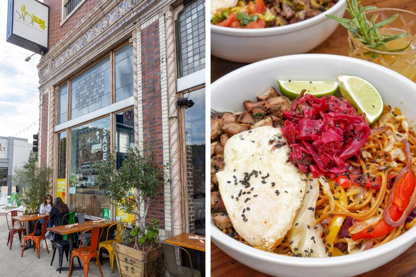 The exterior of Sage, left. The noodle bowl with regenerative carne asada and vital egg, a new dish from Sage, right.