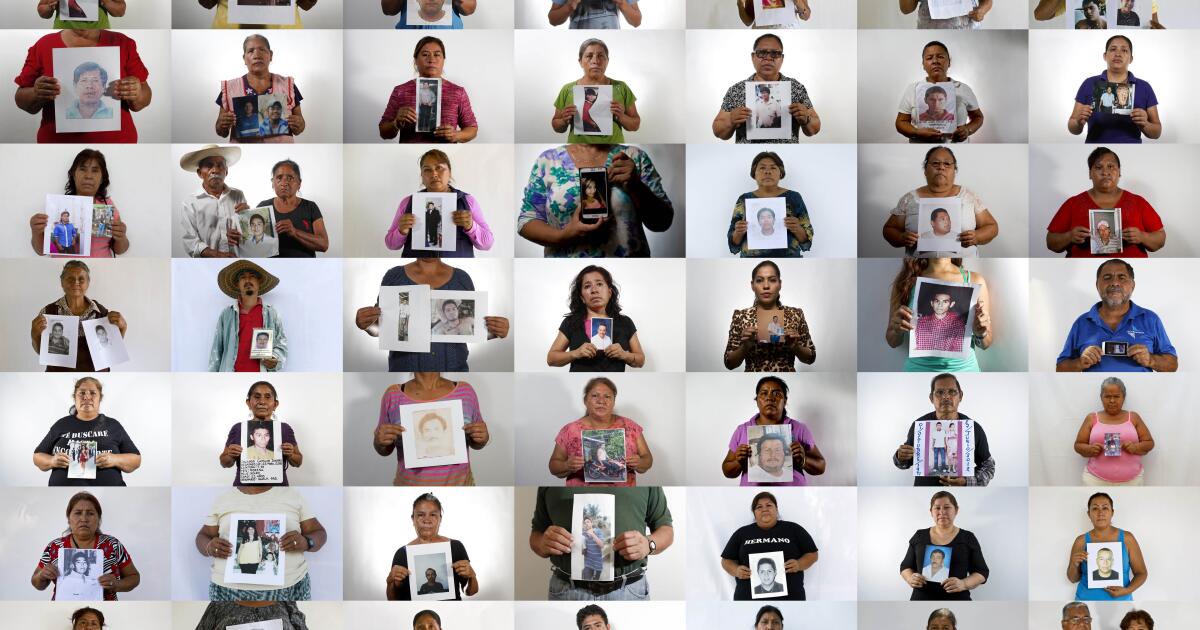 FILE - A photo composite of people holding an image of their missing relative in Iguala, Mexico and surrounding towns, taken between April and August of 2015. Karla Quintana announced her resignation on Aug. 24, 2023 as head of Mexico's National Search Commission, an entity created to search for and identify a mounting number of disappeared people in Mexico. (AP Photo/Dario Lopez-Mills, File)