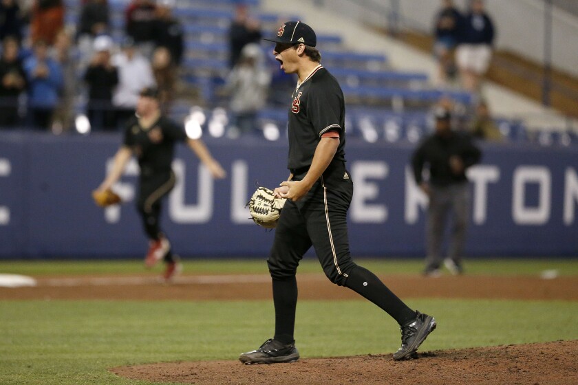 JSerra pitcher Tyler Gough celebrates after the final out against Sherman Oaks Notre Dame on Friday.