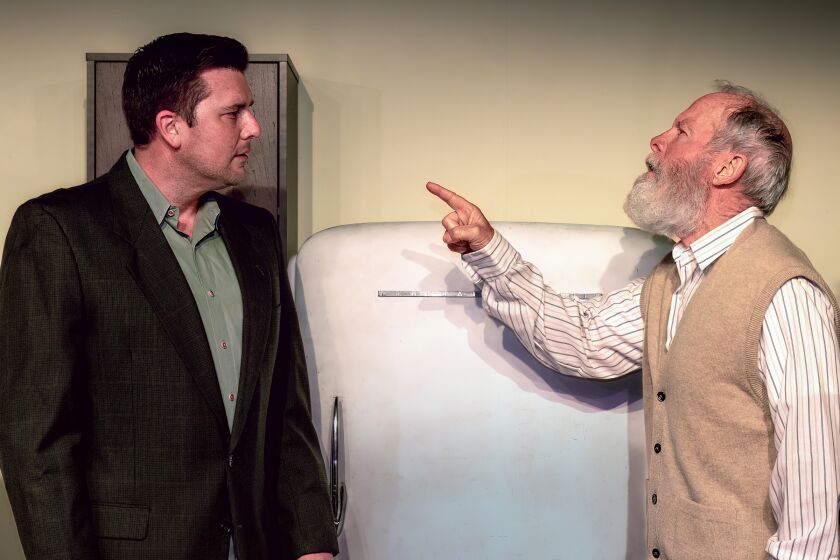 Ross Gardiner (played by Jared Keil) and Mr. Green (D. Kevin McGuinness) during one of their confrontations in “Visiting Mr. Green” at PowPAC.