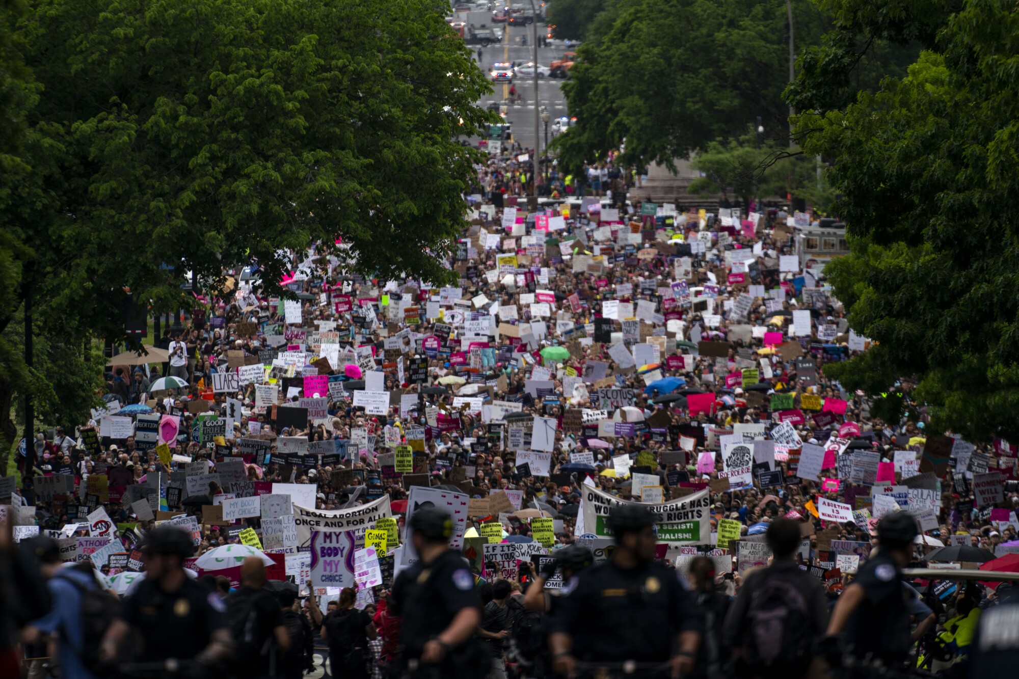 Abortion rights activists march up Constitution Avenue in Washington.