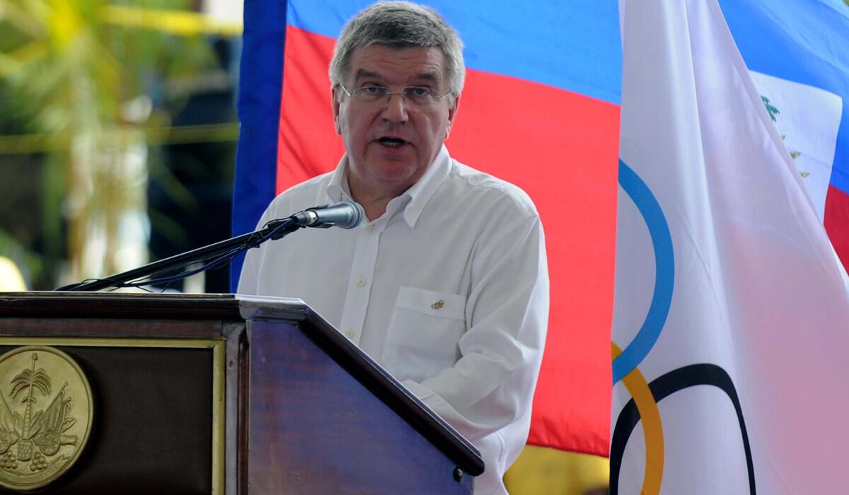 IOC President Thomas Bach speaks during the inauguration of the Sports for Hope Center in Port au Prince, Haiti, last week.