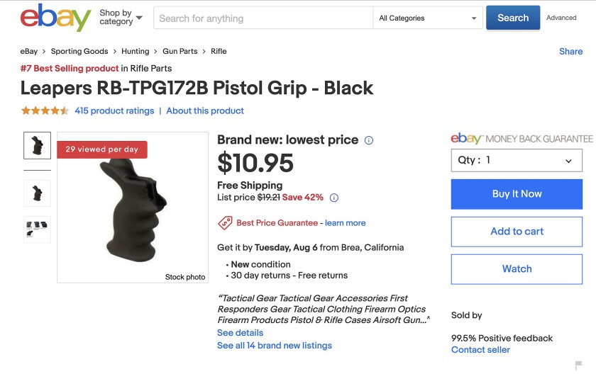 Assault rifle parts and accessories for sale on EBay in violation of EBay's own policy