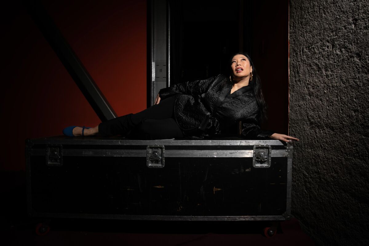 Kristina Wong poses for a portrait before the opening of 'Sweatshop Overlord' at the Kirk Douglas Theatre.