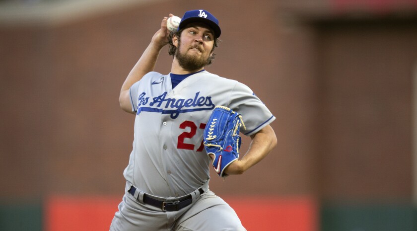 Dodgers starting pitcher Trevor Bauer delivers against the San Francisco Giants on May 21.