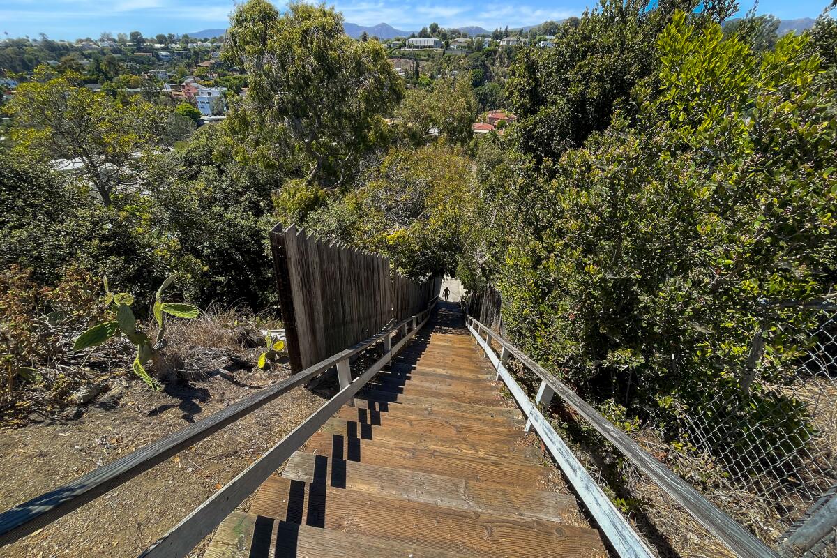 The steep Santa Monica Stairs connecting Adelaide and Entrada Drives provides a strenuous workout.