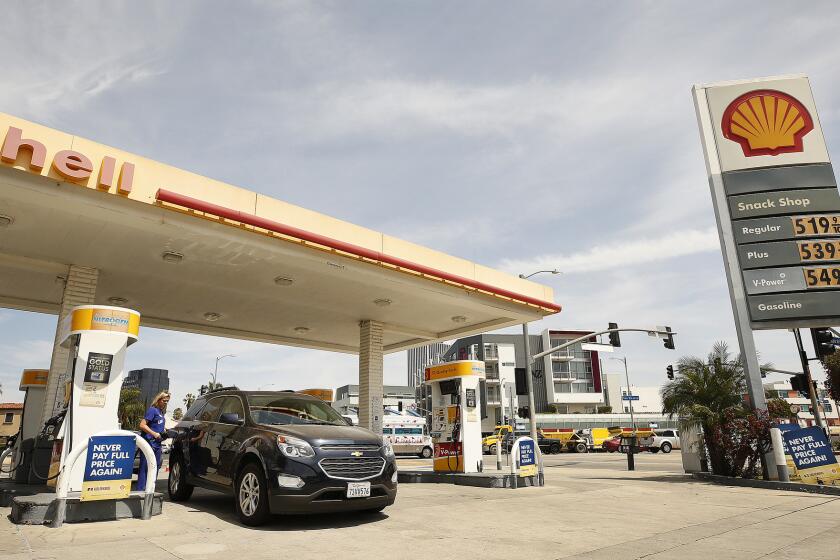 LOS ANGELES, CA - APRIL 15, 2019 - A Shell Gas Station at the intersection of South Fairfax Ave, San Vicente Blvd and West Olympic Blvd in Los Angeles advertises all grades of gasoline above the $5 mark on Monday April 15, 2019 as gas prices in the LA and Long Beach area have reached an average of $4 a gallon; an increase of about 20 cents compared to the same time last week. (Al Seib / Los Angeles Times)