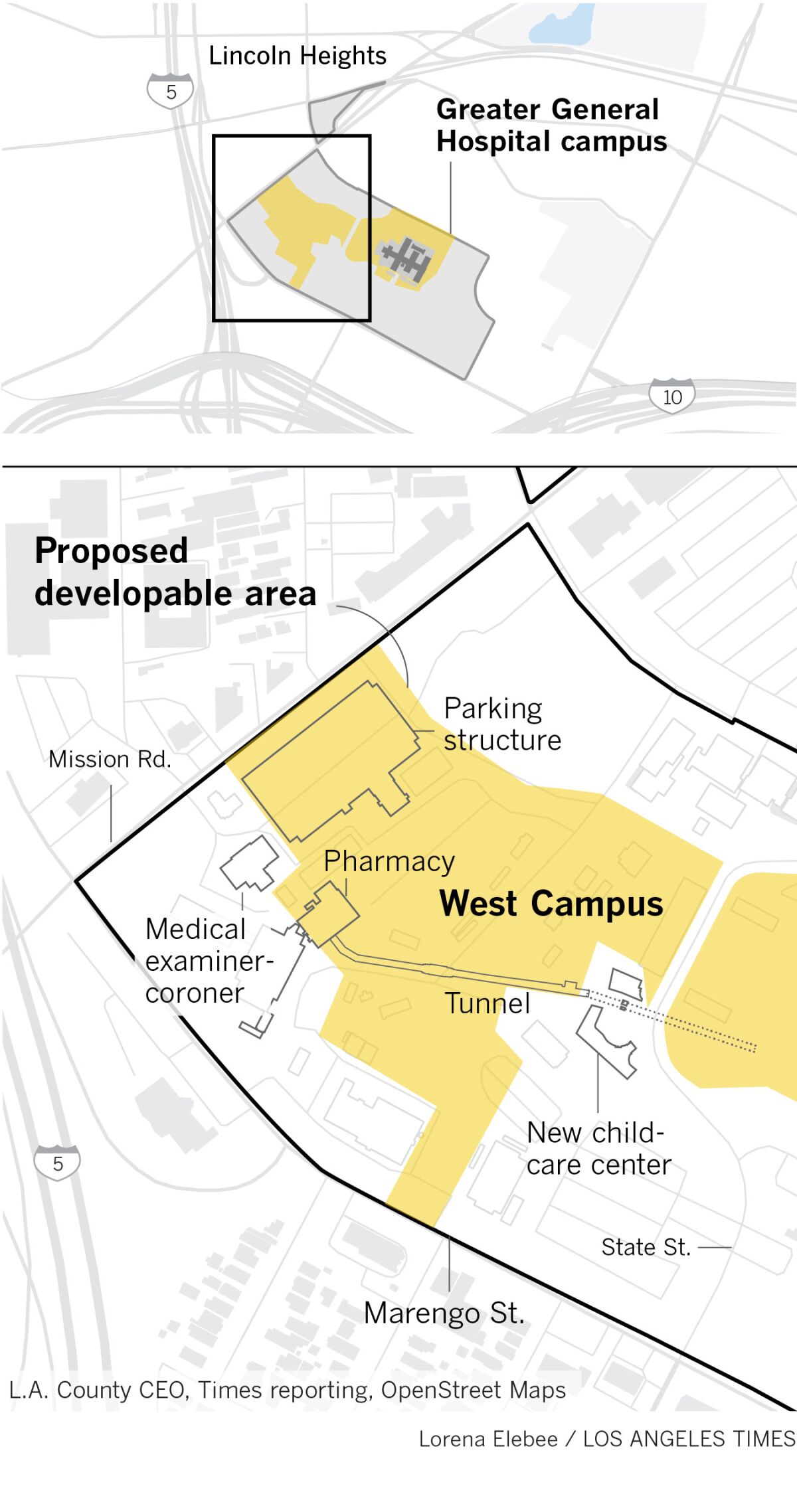 Map showing the developable zone west of the historic General Hospital in Los Angeles.