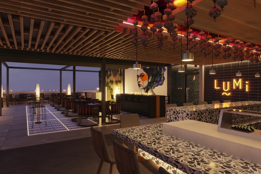 An artist’s rendering of Lumi by Akira Back, a rooftop cocktail and sushi bar opening in January in the Gaslamp Quarter of San Diego.