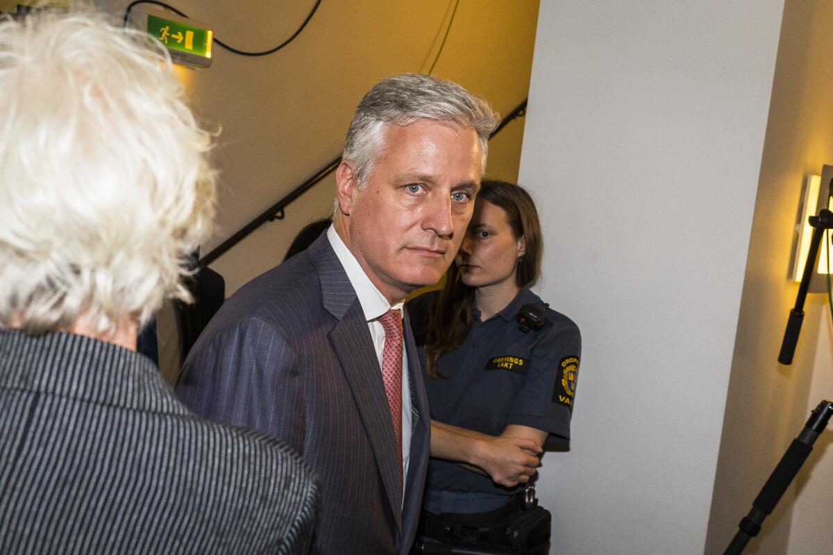 Robert C. O'Brien arrives during the first day of the ASAP Rocky assault trial July 30 at the Stockholm city courthouse.