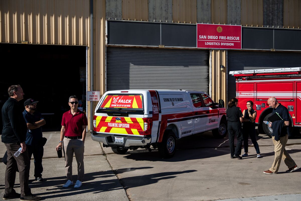 The new Falck paramedic supervisor Ford F-250 is displayed in front of the San Diego Fire-Rescue Logistics Division