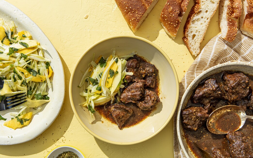 A bright fennel and green mango salad adds crunch and tartness to braised beef cheeks crusted in nutty, herbal za'atar.