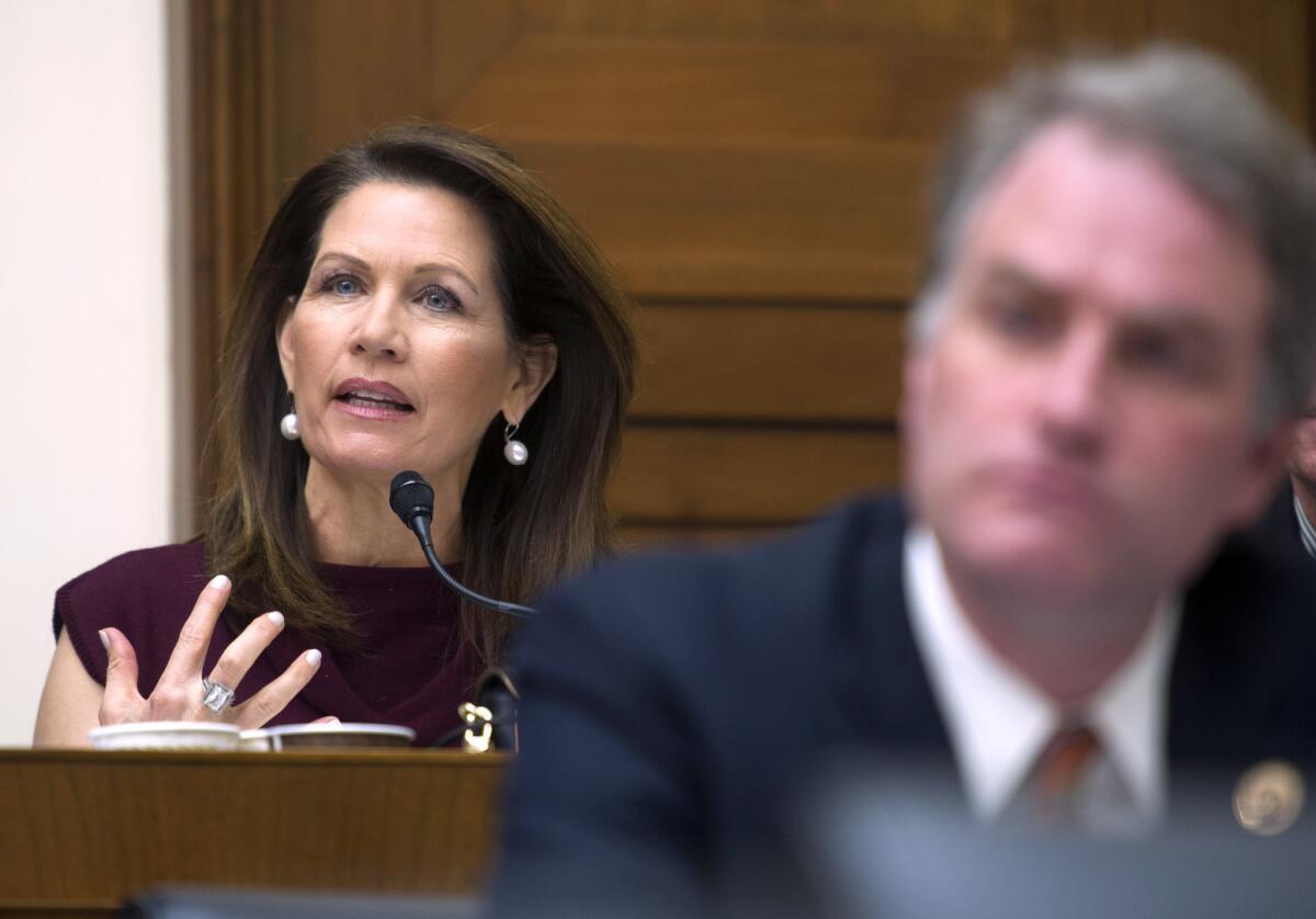 House Financial Services Committee member Rep. Michele Bachmann (R-Minn.) questions Federal Reserve Chair Janet Yellen during the committee's hearing on Capitol Hill in Washington.