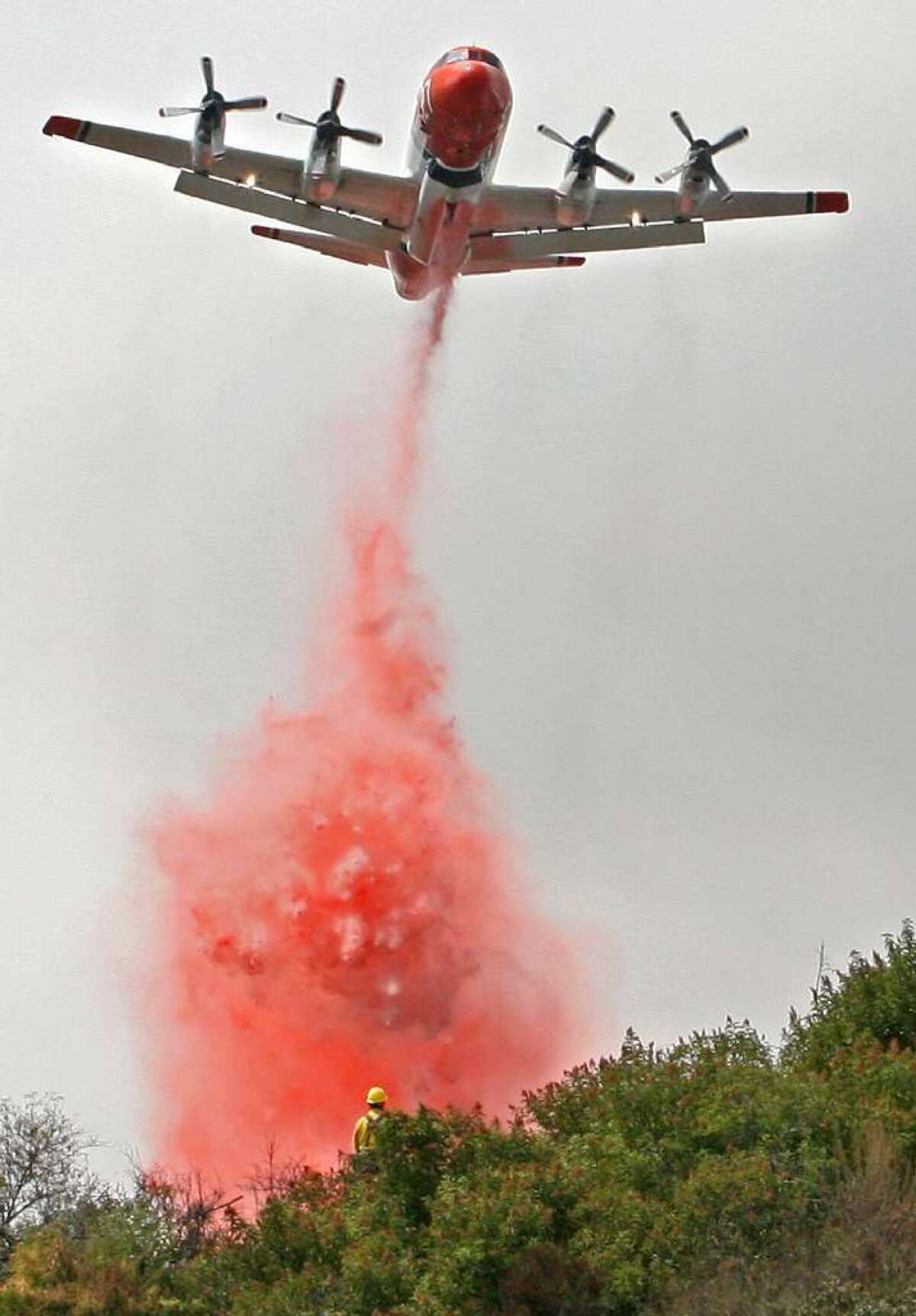 An air tanker makes a drop on the Station fire in the Angeles National Forest.