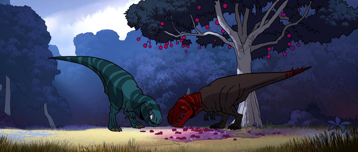 Two dinosaurs peacefully feed beneath a tree in the animated "Genndy Tartakovsky's Primal."