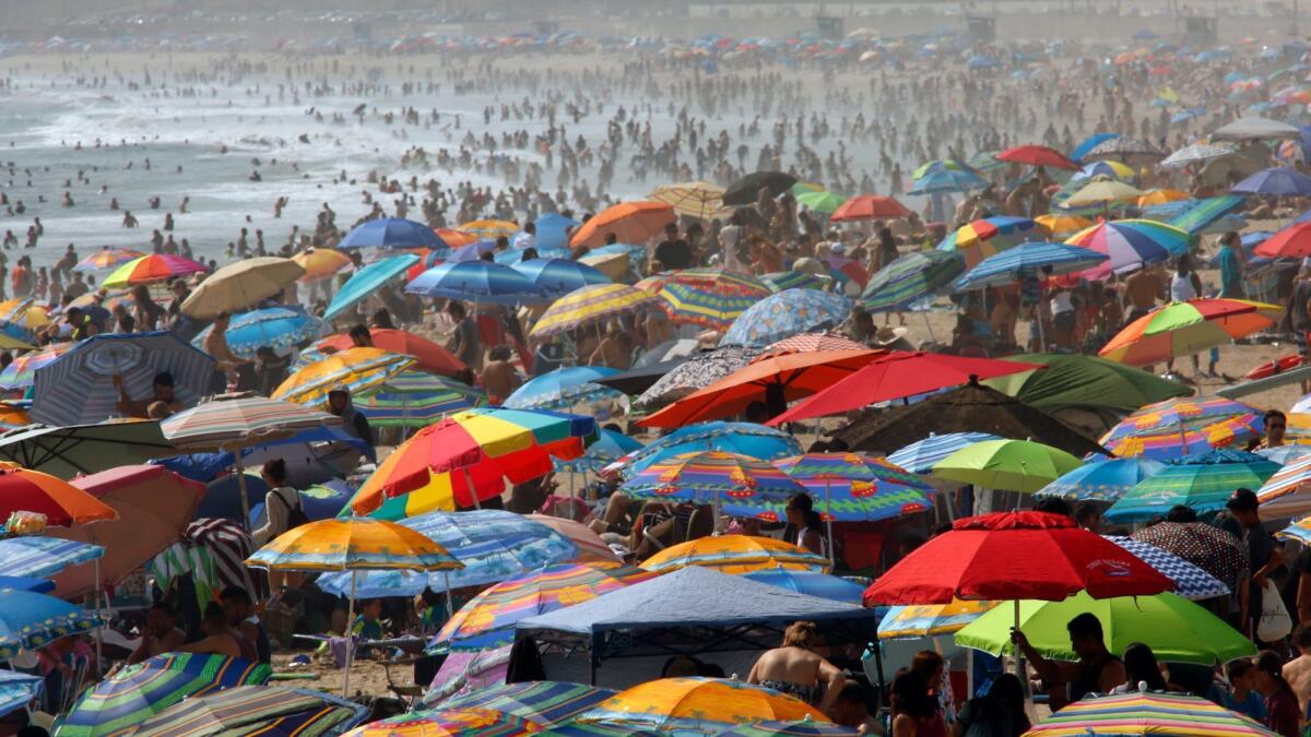 Hundreds of people seek relief from the hot weather in the surf alongside the Santa Monica Pier in July.