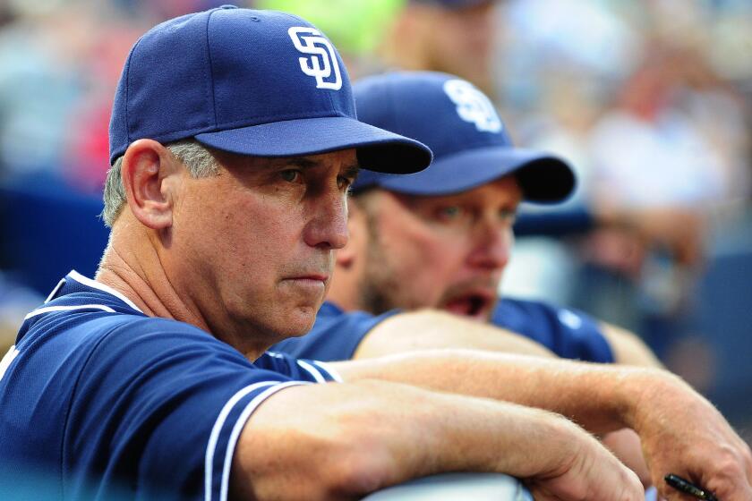 San Diego Padres Manager Bud Black watches from the dugout during a game against the Atlanta Braves on June 8.