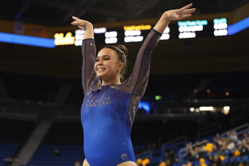 Brooklyn Moors of the UCLA Bruins competes on floor exercise