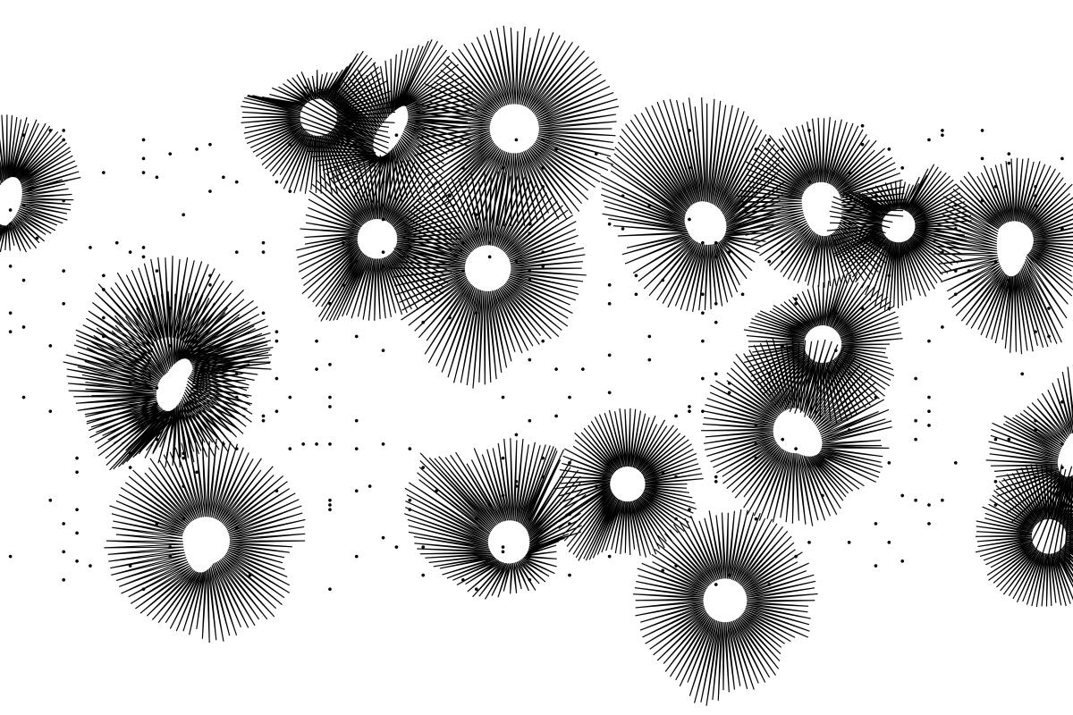 Stark black and white artwork consists of more than z dozen circles, each with spines radiating outward. 