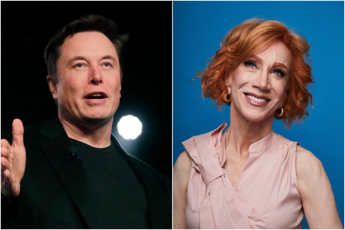 A split image of a man in a black outfit speaking and a woman with red hair smiling