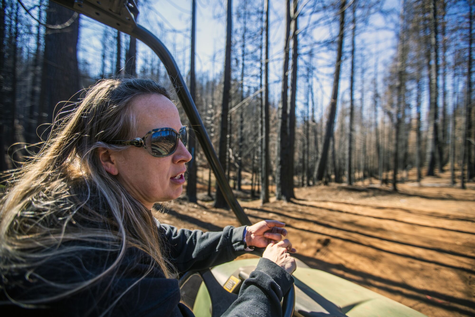 A woman drives through the woods