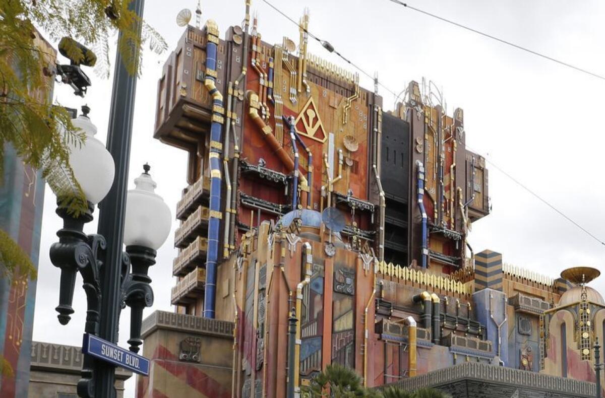 Exterior view of the Guardians of the Galaxy Mission Breakout ride in Anaheim, Calif., on May 17, 2017. 