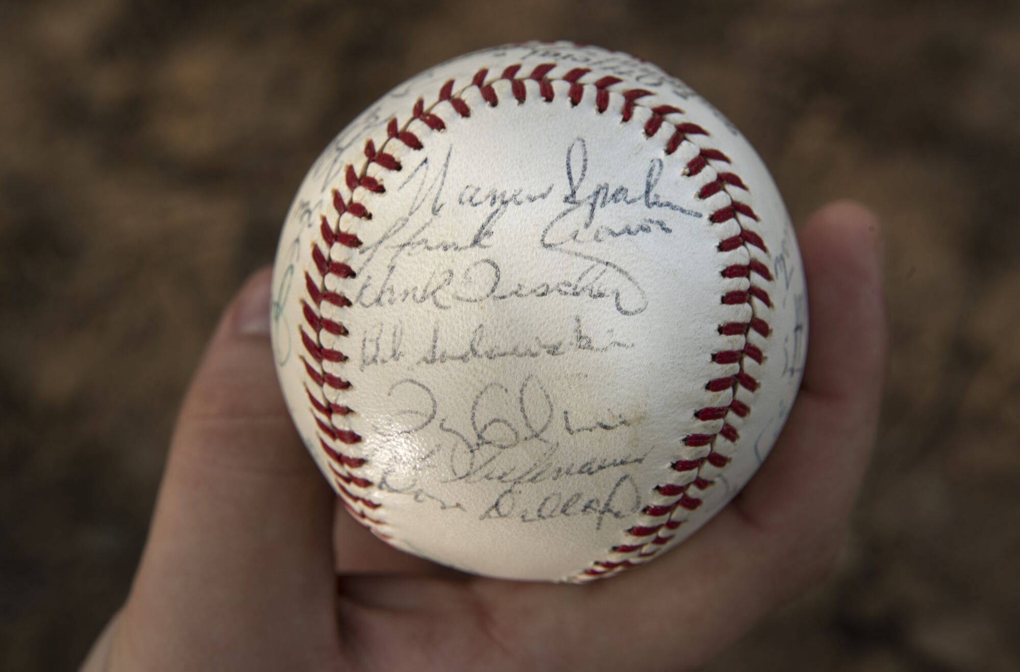 The ball signed by the 1963 Milwaukee Braves. The top two signatures are Warren Spahn and Hank Aaron.