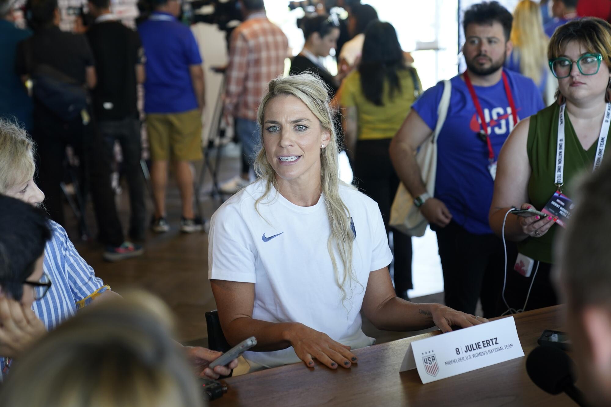 Julie Ertz speaks to reporters during media day for the U.S. national team in June.