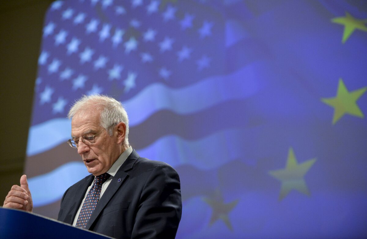 European Union foreign policy chief Josep Borrell speaks during a media conference at EU headquarters in Brussels, Wednesday, Dec. 2, 2020. The European Union is grasping the imminent arrival of the incoming Biden administration as a key moment to reset relations with the United States after four years of acrimony under President Donald Trump. (Johanna Geron, Pool via AP)
