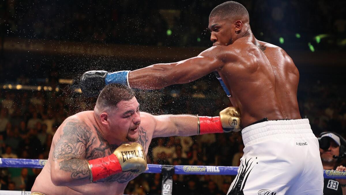 Anthony Joshua knocks down Andy Ruiz Jr in the third round during their IBF/WBA/WBO heavyweight title fight at Madison Square Garden on Saturday in New York.