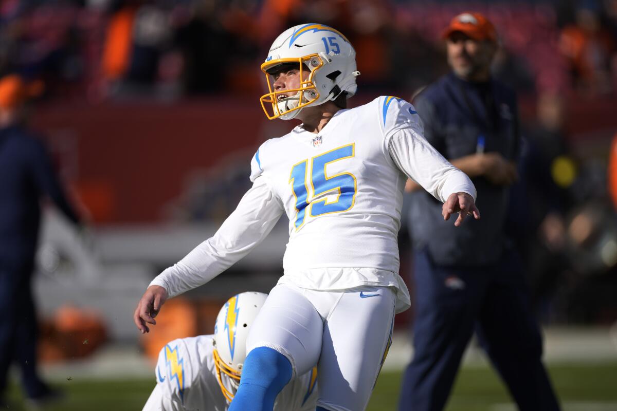 Chargers kicker Cameron Dicker warms up before a loss to the Denver Broncos on Sunday.