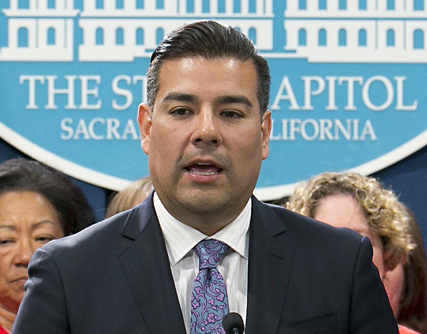 FILE - In this May 31, 2017 file photo, then-state Sen. Ricardo Lara, D-Bell Gardens, speaks at a Capitol news conference in Sacramento, Calif.