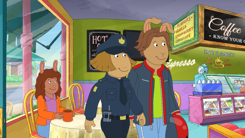 A cartoon traffic cop with a young male aardvark in a cafe.