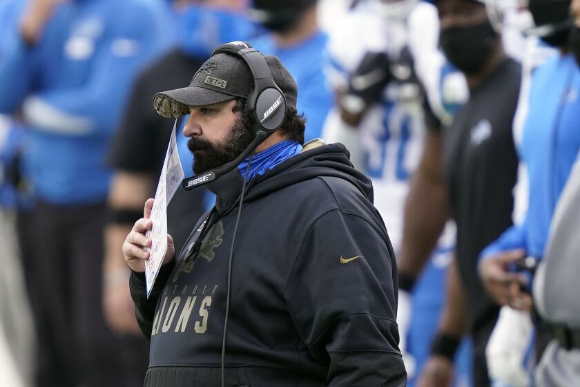 Detroit Lions head coach Matt Patricia looks on during the first half of an NFL football game against the Carolina Panthers Sunday, Nov. 22, 2020, in Charlotte, N.C. (AP Photo/Gerry Broome)