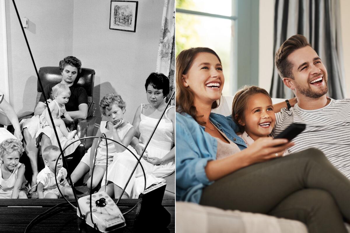 Black-and-white photo of a family huddled around a TV, left, next to a color photo of modern family watching TV