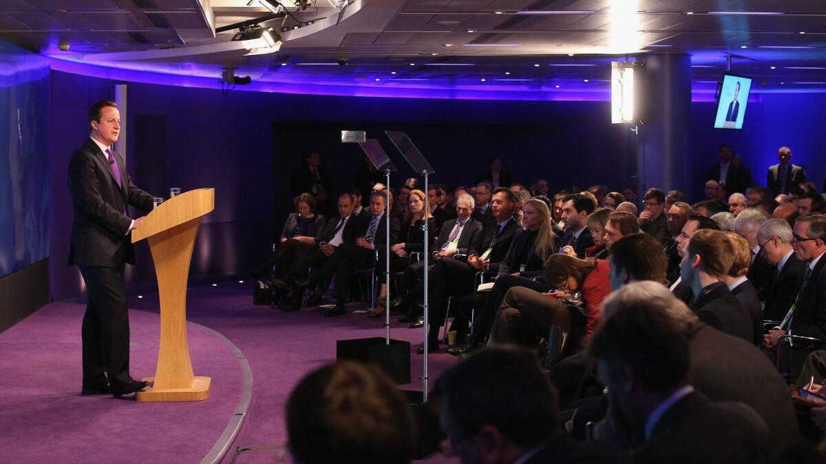 LONDON, ENGLAND - JANUARY 23: British Prime Minister David Cameron delivers his long-awaited speech on the UK's relationship with the EU on January 23, 2013 in London, England. Mr Cameron has promised a referendum on EU membership should the Conservatives win the next election. (Photo by Oli Scarff/Getty Images)