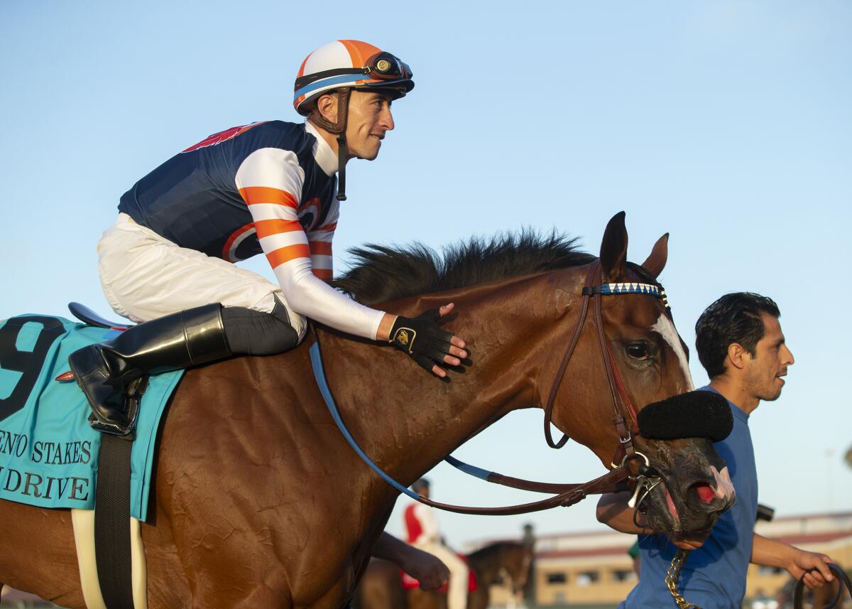 Jockey Juan Hernandez guides Elm Drive to the winner's circle after their victory in the Sorrento Stakes.