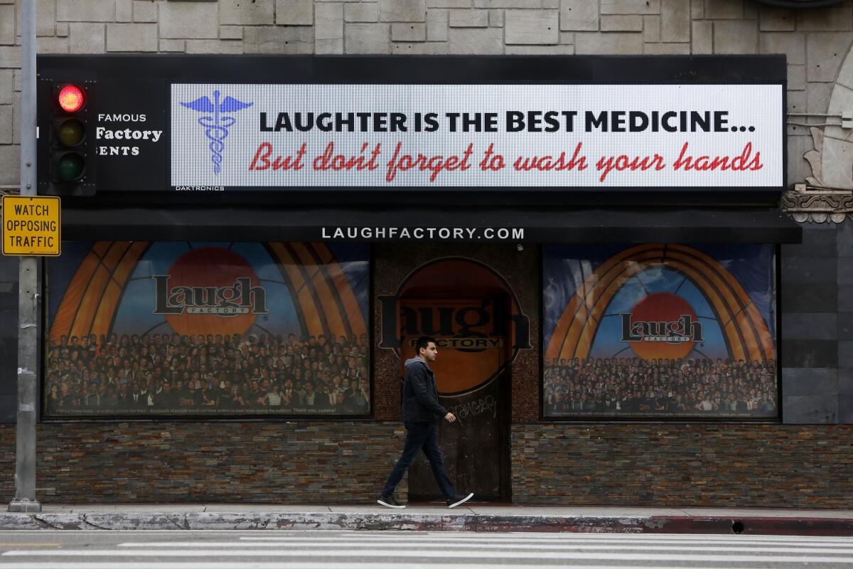 The marquee at the Laugh Factory on Sunset Blvd. after it was closed due to the coronavirus.