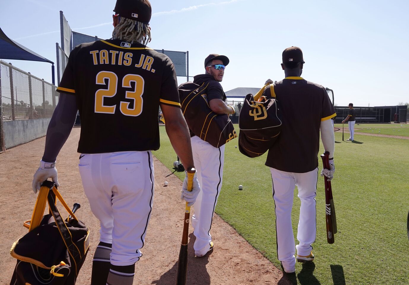 San Diego Padres Fernando Tatis Jr., Manny Machado, and Jurickson Profar walk to bat during a spring training practice on Feb. 18, 2020.