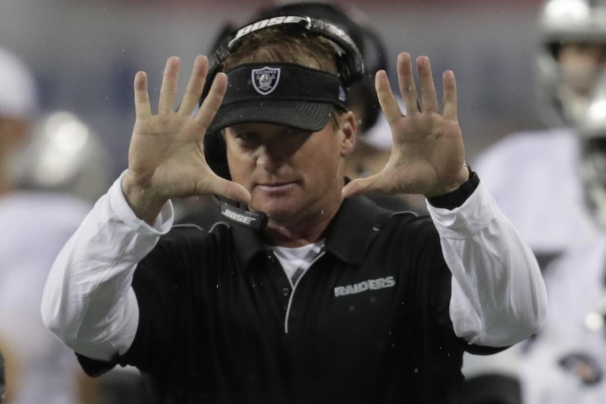 Oakland Raiders coach Jon Gruden gestures on the sideline during a preseason game against the Seattle Seahawks on Aug. 29.