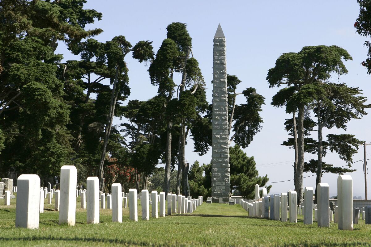 Sixty-foot granite obelisk, a memorial for those who died on the gunboat USS Bennington on July 21, 1905.